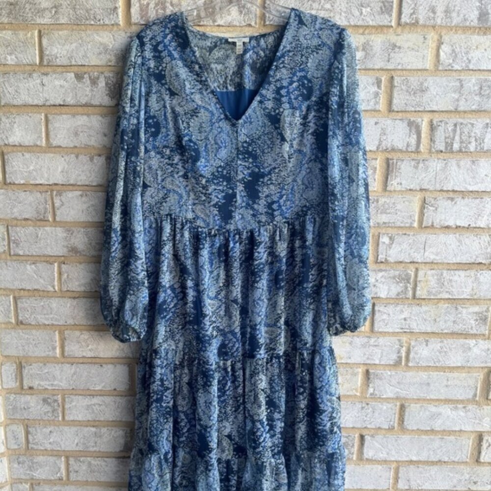 Joie 3/4 Sleeve V-Neck Paisley Tiered Chiffon Midi Dress Women's Size M